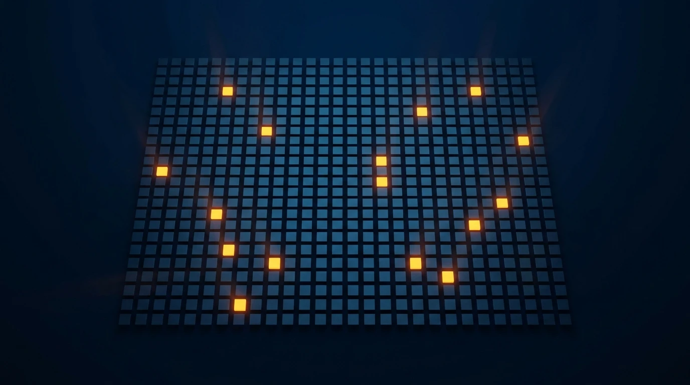 A grid of bits with a few lit up, representing a compact bloom filter summarizing a much larger set of keys.