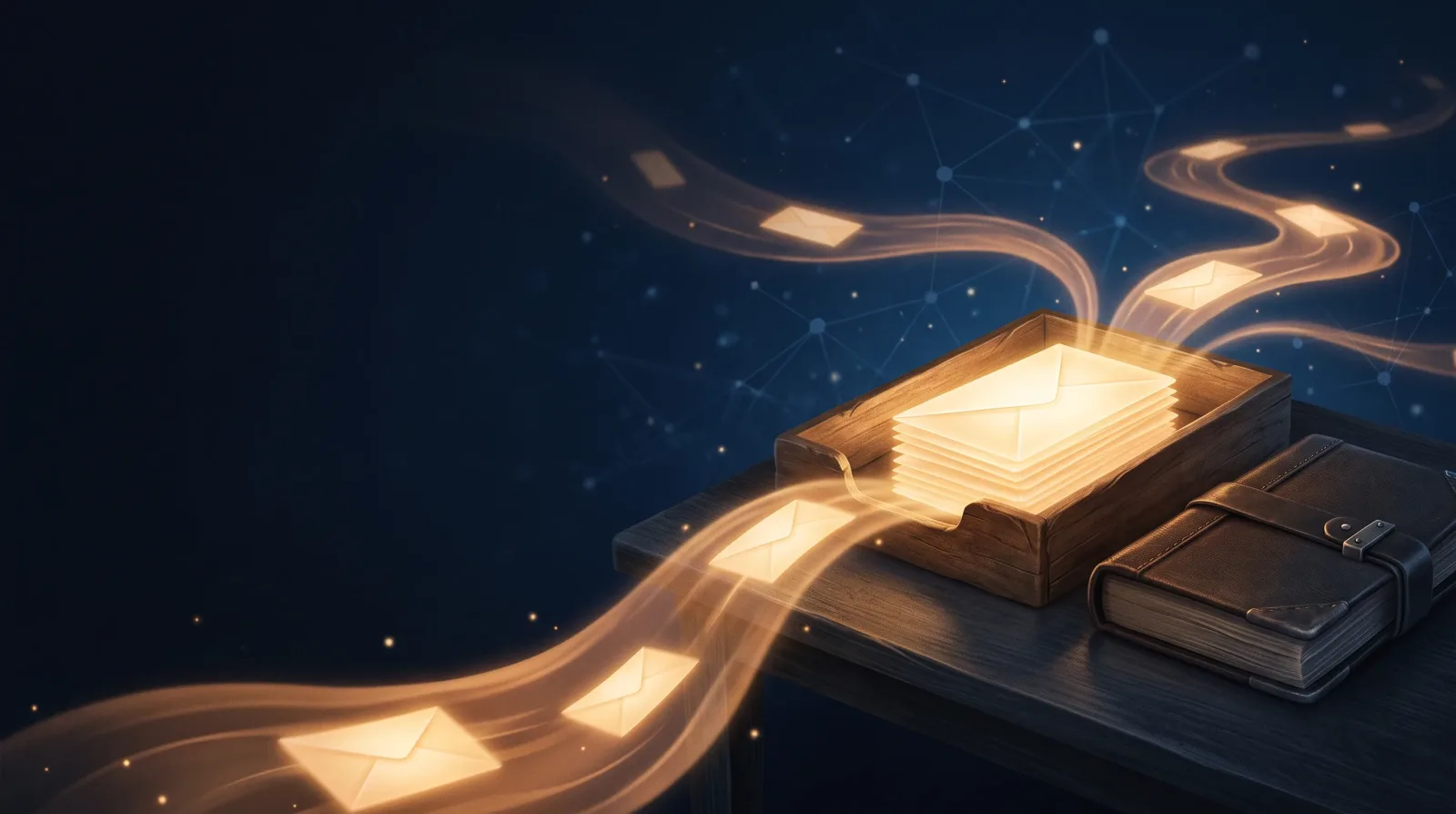 A wooden tray stacked with glowing envelopes streams copies of them outward along ribbons of light toward a faint network of nodes, beside a closed leather ledger on the desk.