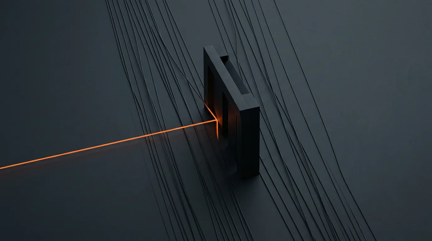 One bright thread passing through a dark gate it cannot cross, minimal abstract illustration